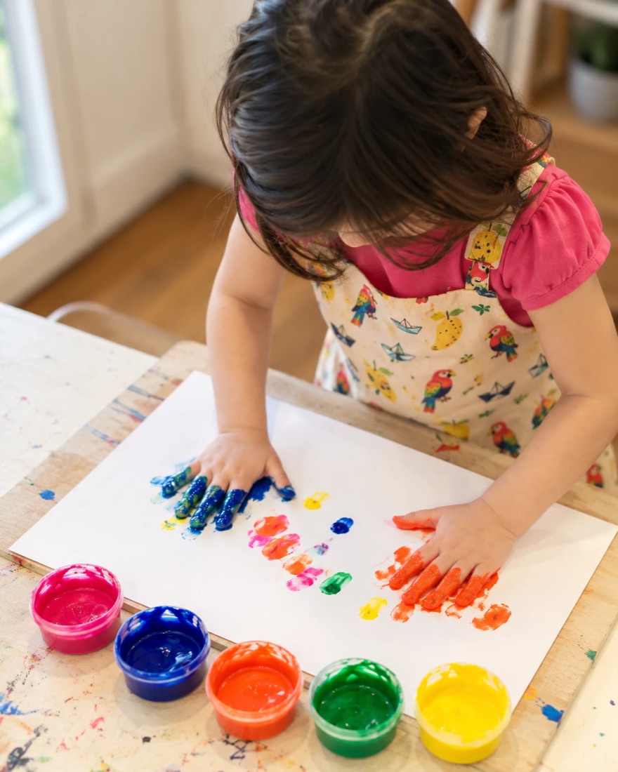 A child pressing paint-covered hands onto paper, with pots of pink, blue, orange, green and yellow paint